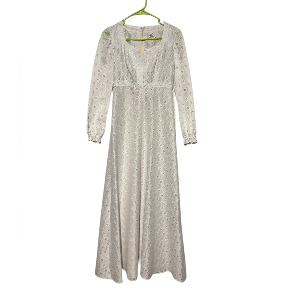 Vtg White Eyelet Lace Maxi‎ Dress Gown XS Cottage Regency Bridgeton 70s Wedding